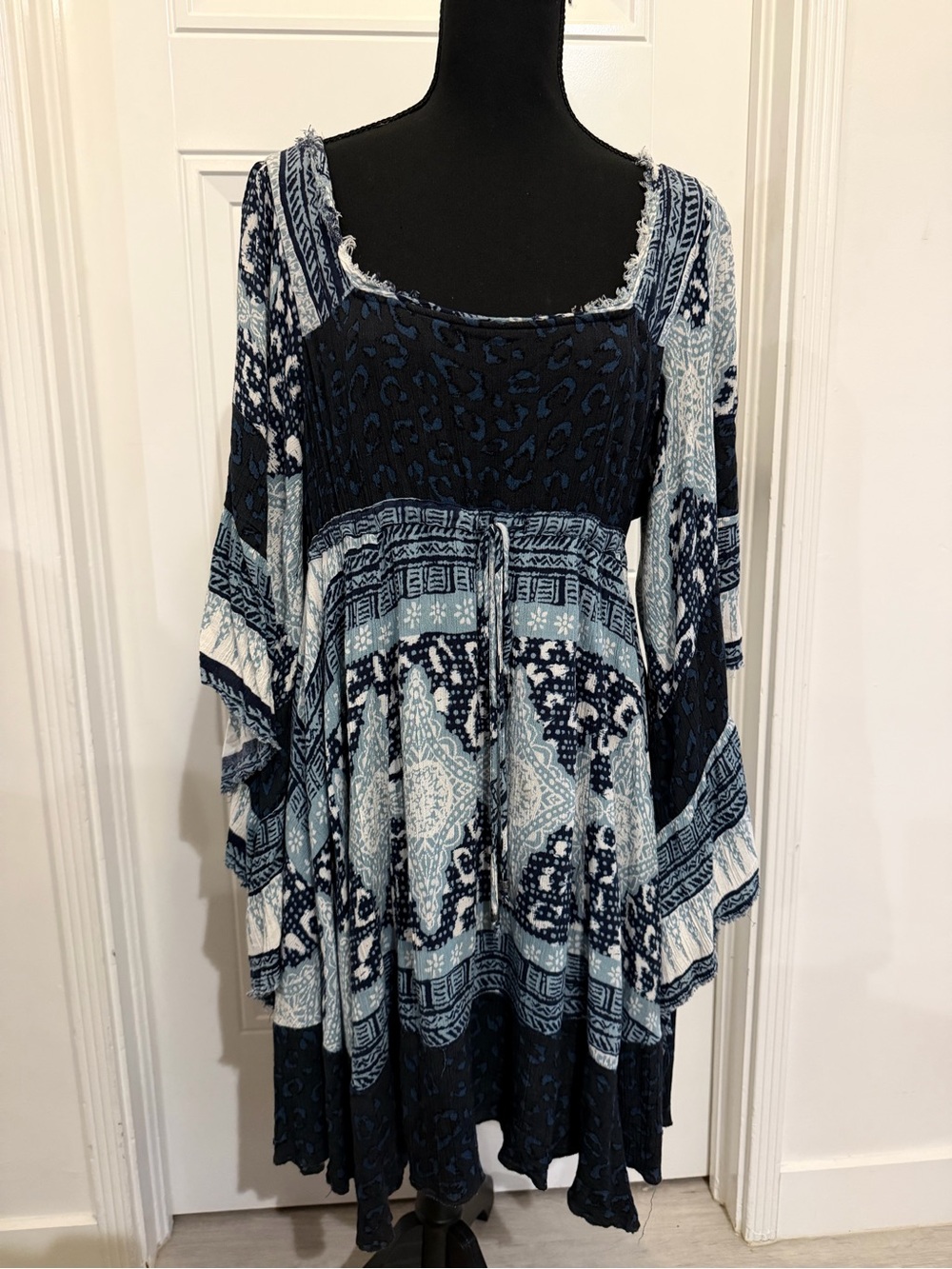 Free People Navy and Light Blue Patchwork Boho Tunic